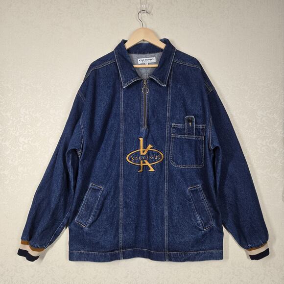 VTG Knockout Denim Jacket Sz 2XL Blue Quarter Zip Pullover Logo USA - Picture 16 of 16
